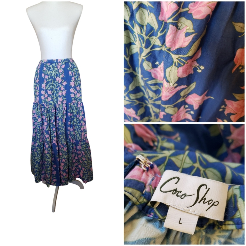 Coco Shop L Tiered Full Maxi Skirt Blue Pink Floral Cotton Cottagecore Island